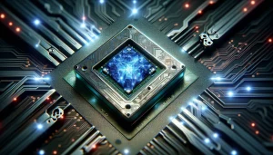 Futuristic Nvidia AI chip with intricate circuits and glowing elements, symbolizing advanced technology, set against a background of abstract digital patterns representing cloud computing and AI.