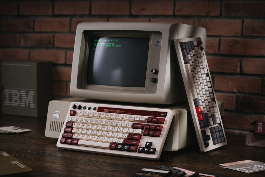 A photo of the keyboards leaning against a retro CRT monitor.