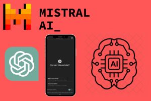 A collage image featuring the Mistral AI logo, the OpenAI logo, a mobile phone with the ChatGPT app open and a brain with wires and 'AI' in the middle.