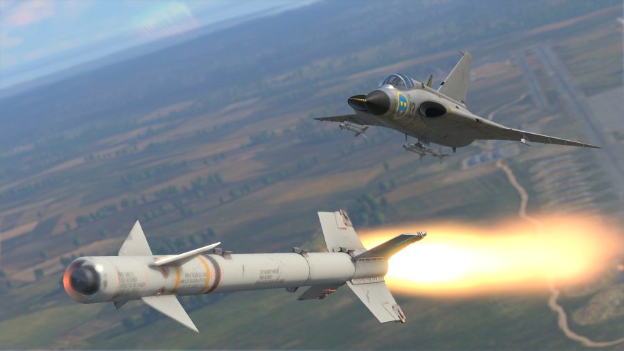 A cinematic image from War Thunder of a fighter launching a missile.