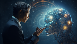 A generated image of a man in a suit looking at a large liquid metal head which glows artificially. It represent AI.