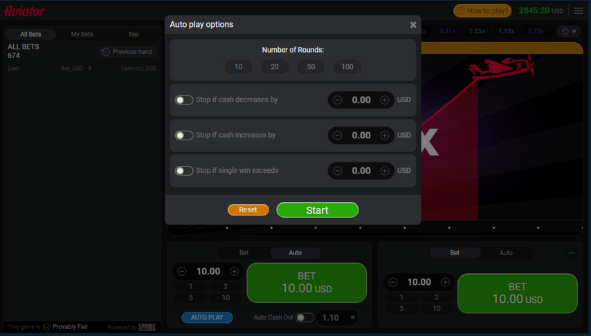 Aviator auto play options