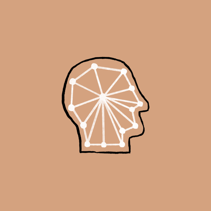 a hand drawing of a head with a web of interlinking white lines inside on a peach coloured background