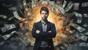 An AI-generated image of Sam Altman, the CEO of OpenAI with his arms folded and hundreds of currency notes flying behind him