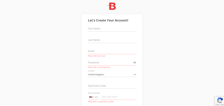 Sign up screen at BetOnline.