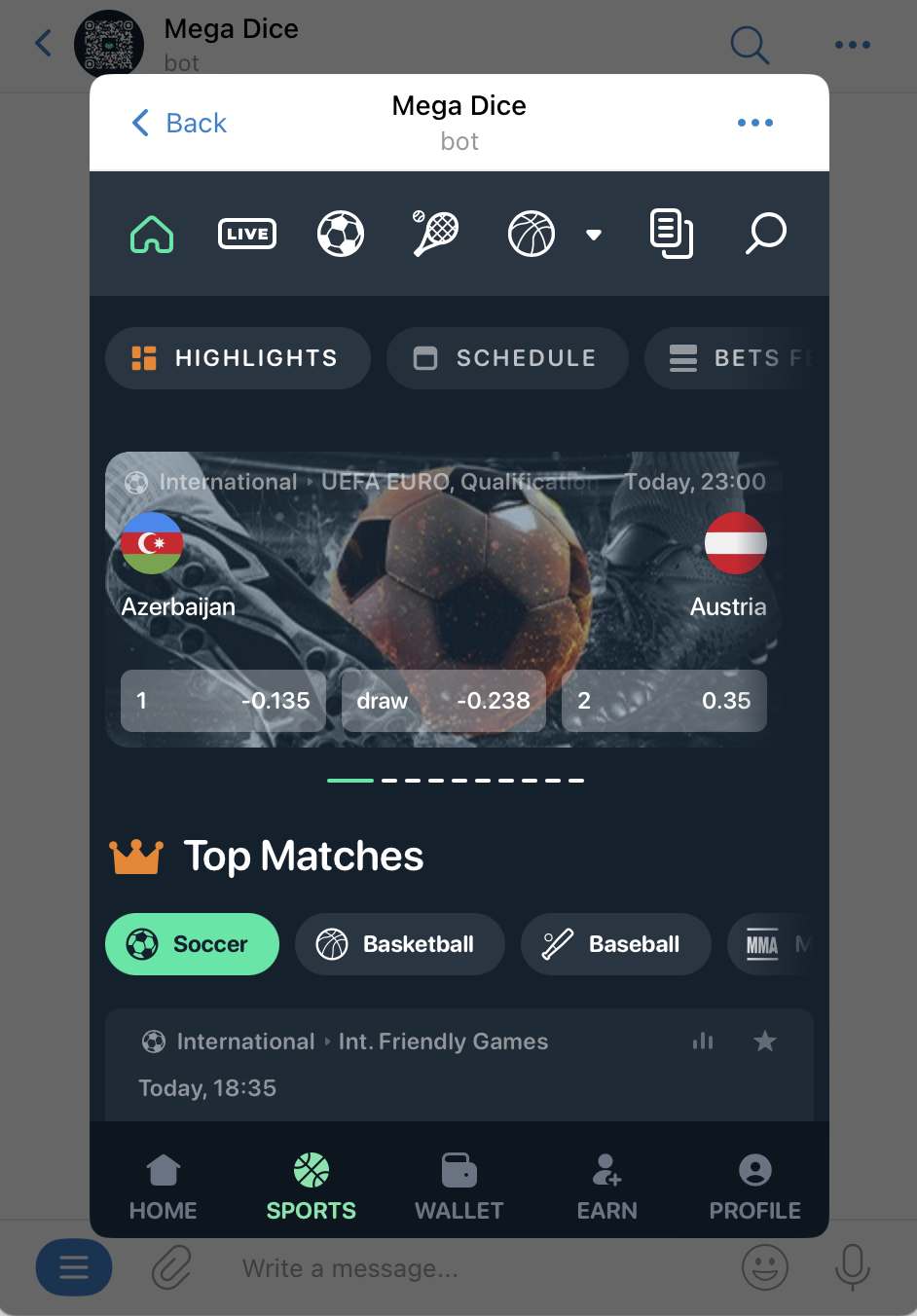 Mega Dice Telegram sportsbook 